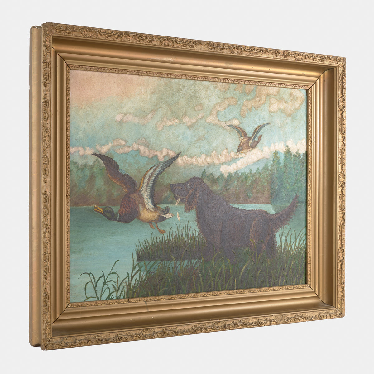 Antique Painting of Hunting Dog with Mallard Ducks