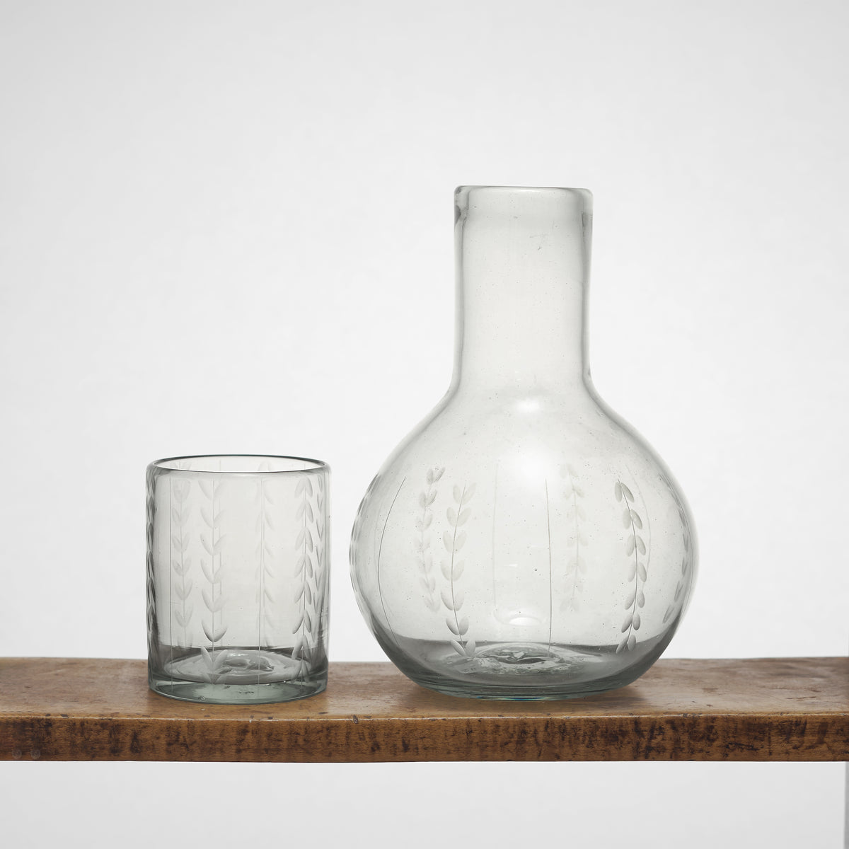 Leaf Etched Bureau Carafe in Blown Recycled Glass