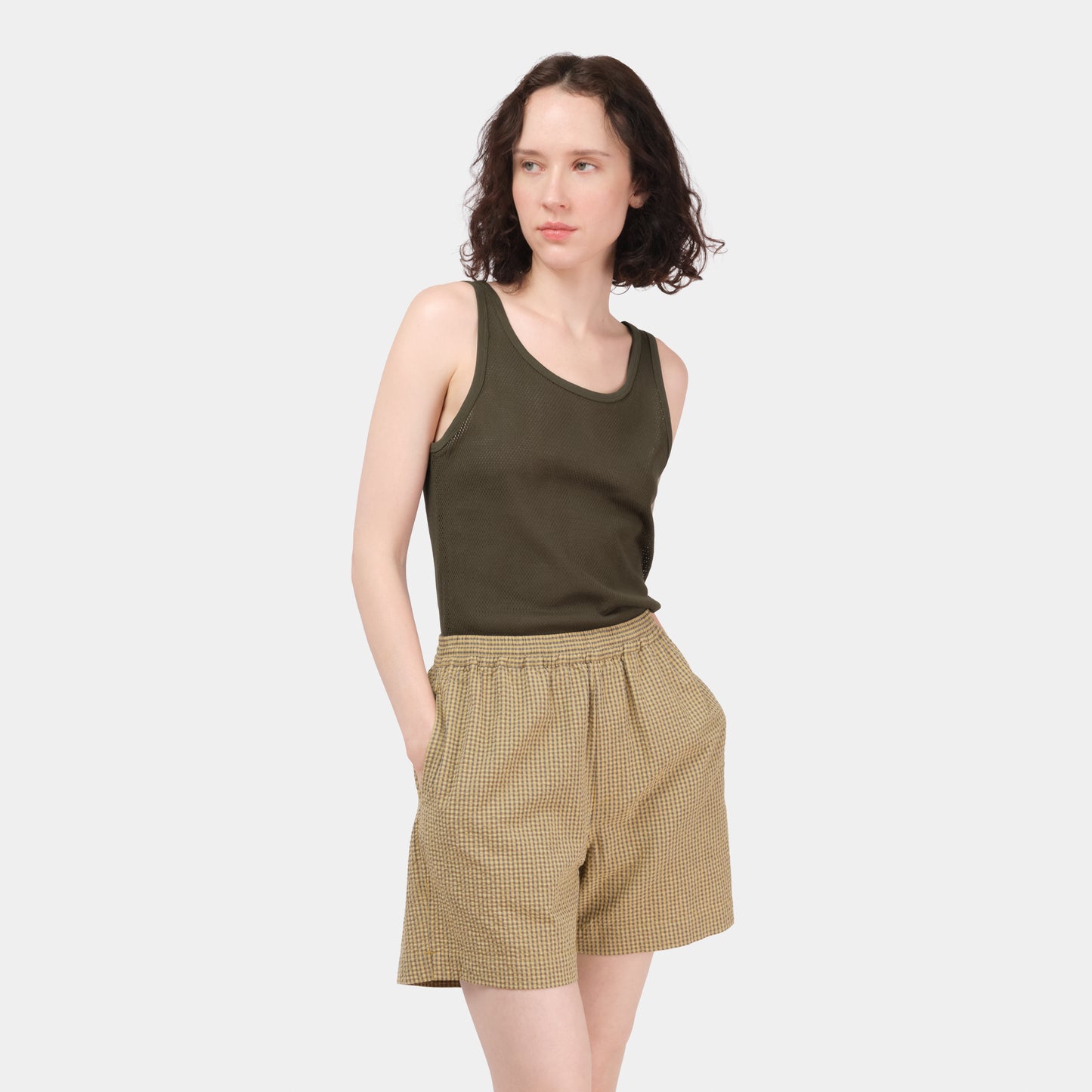 Cotton Mesh Tank Top in Drab Olive