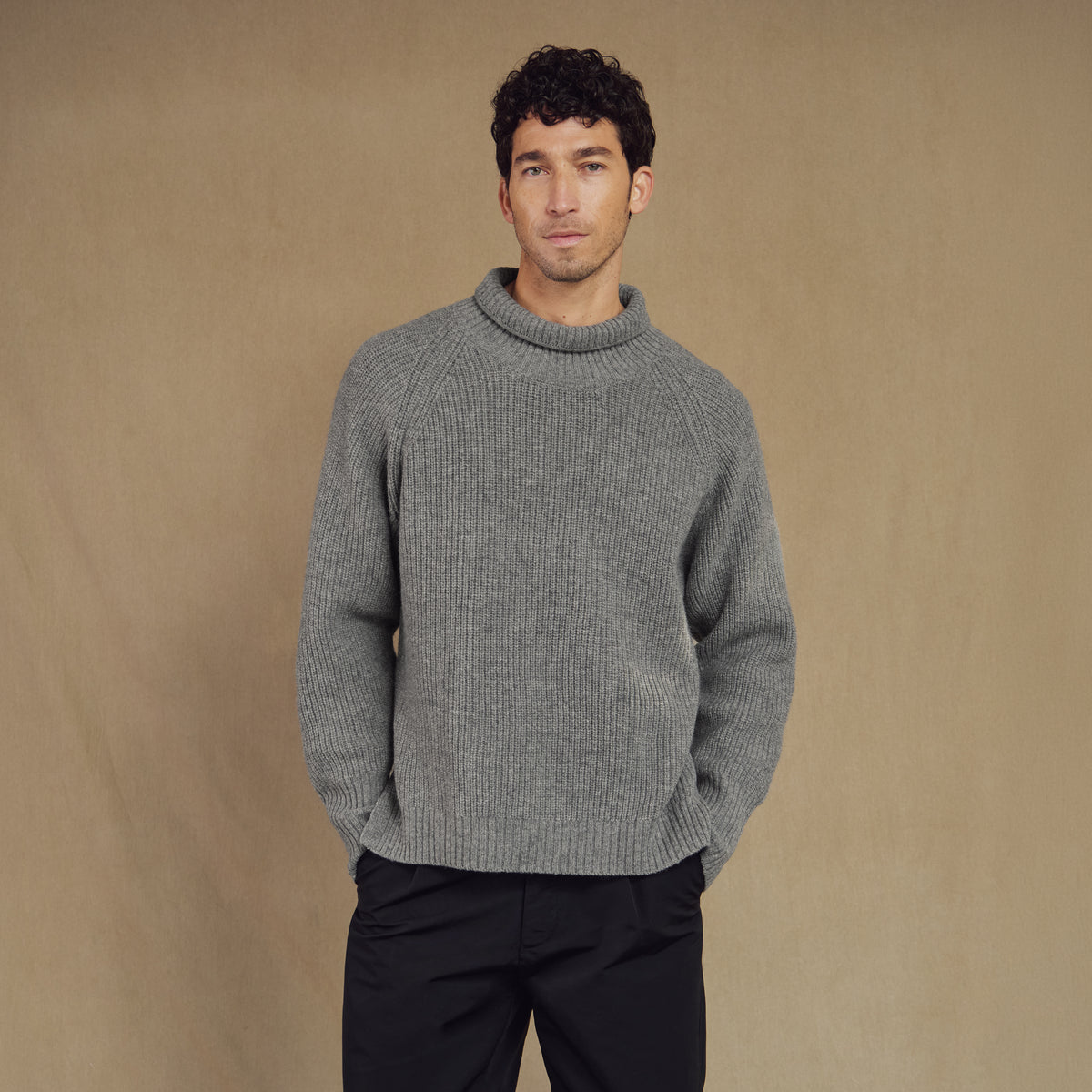 Merino Wool Funnel Neck Sweater in Heather Grey