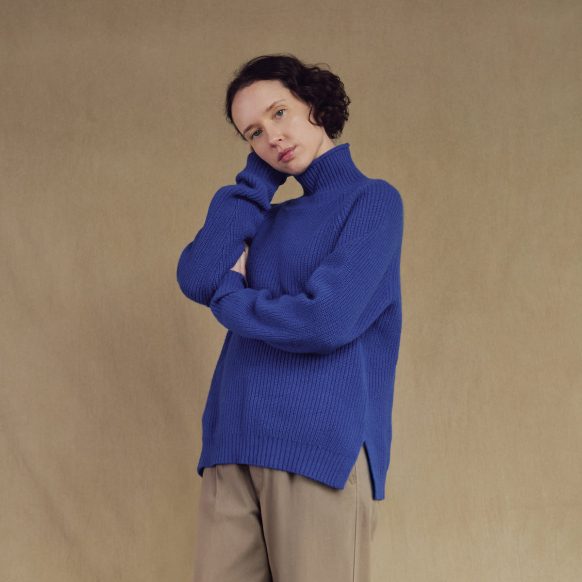 Merino Wool Funnel Neck Sweater in French Blue