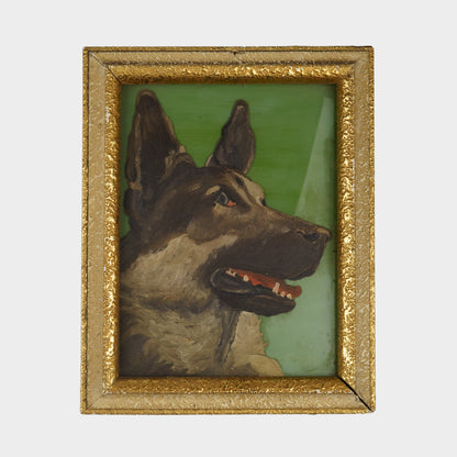 Vintage German Shepherd Painting on Glass, 1950s