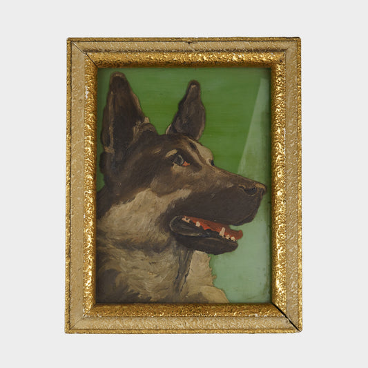 Vintage German Shepherd Painting on Glass, 1950s