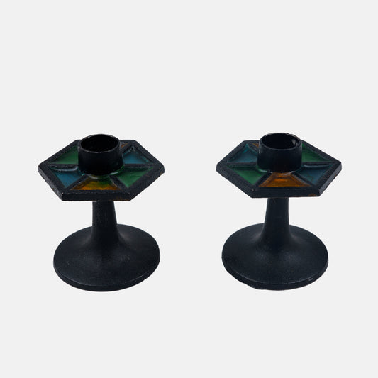 Vintage Pair of Iron Candleholders with Stained Glass Detail, Japan