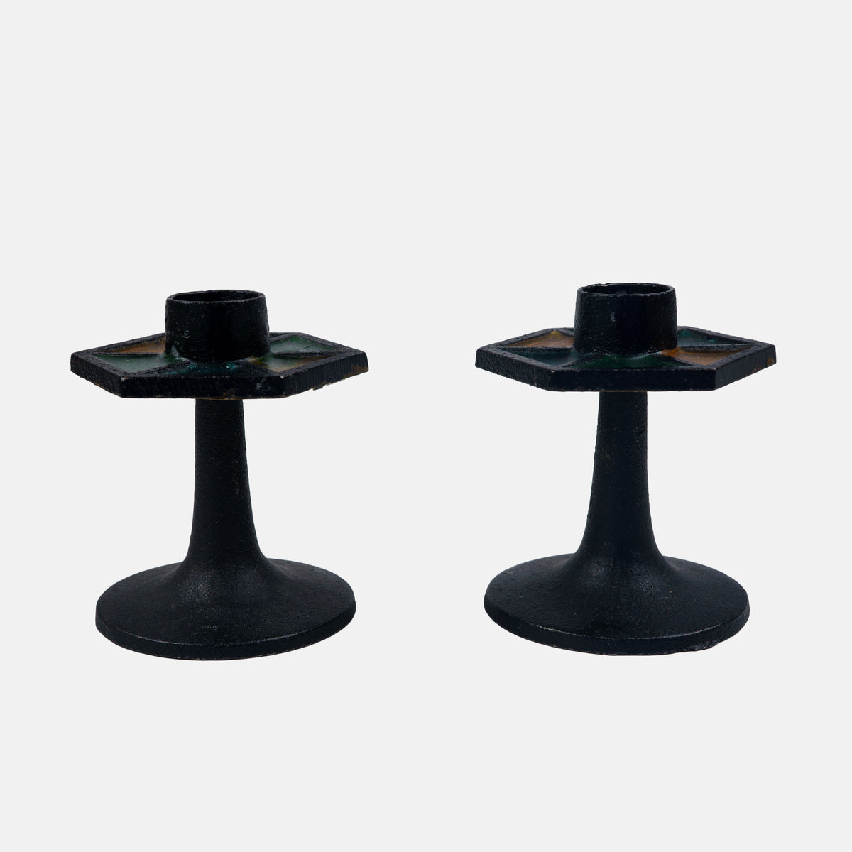 Vintage Pair of Iron Candleholders with Stained Glass Detail, Japan