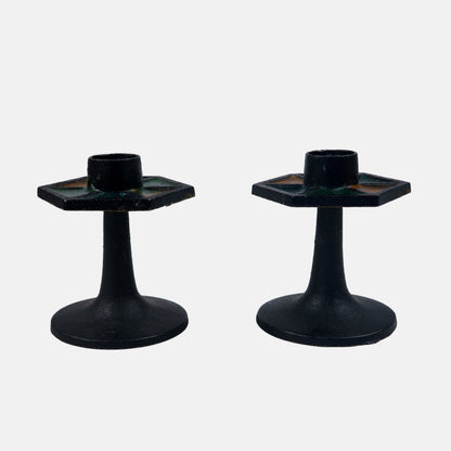 Vintage Pair of Iron Candleholders with Stained Glass Detail, Japan