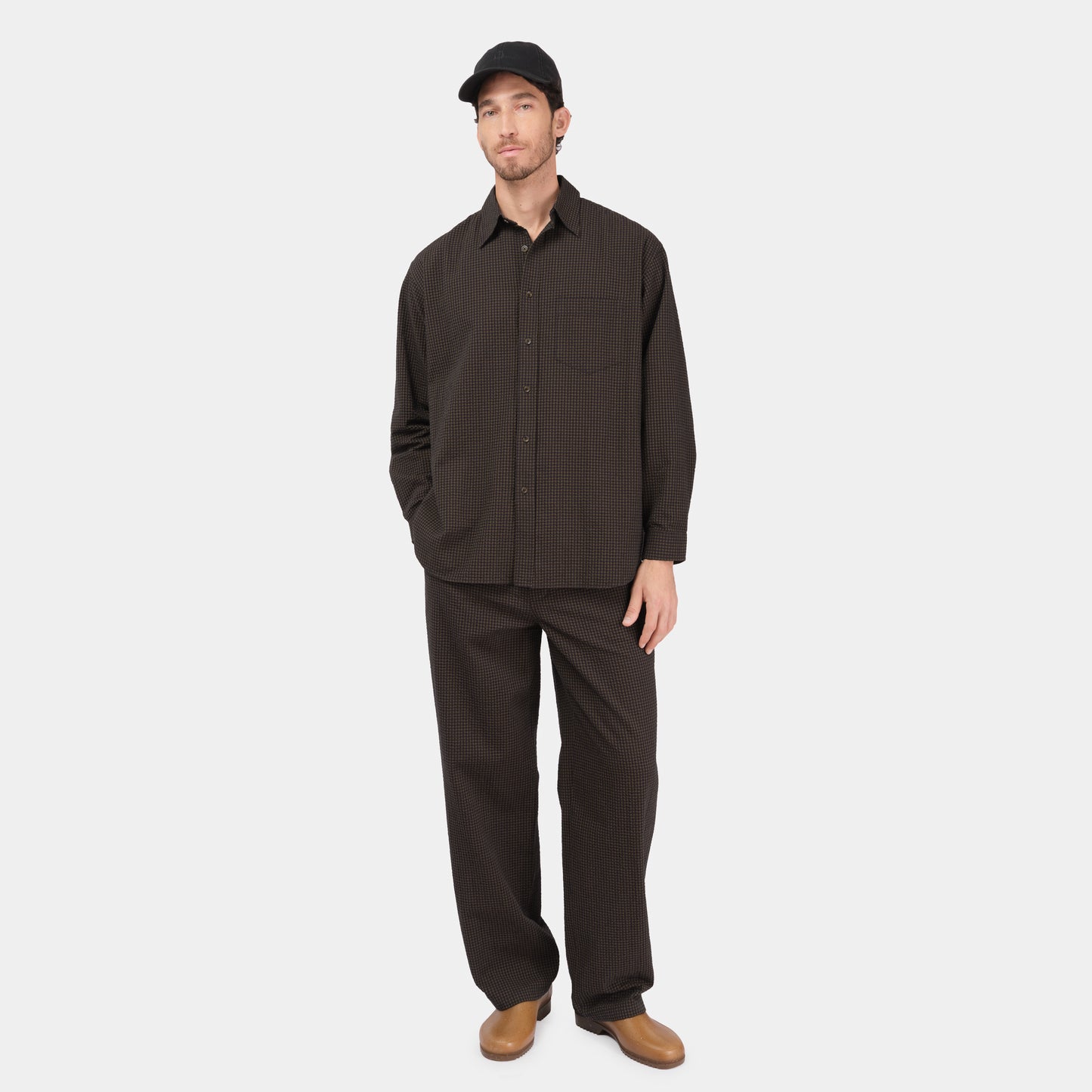 Gingham Seersucker Gardening Chemise in Brown Field Check