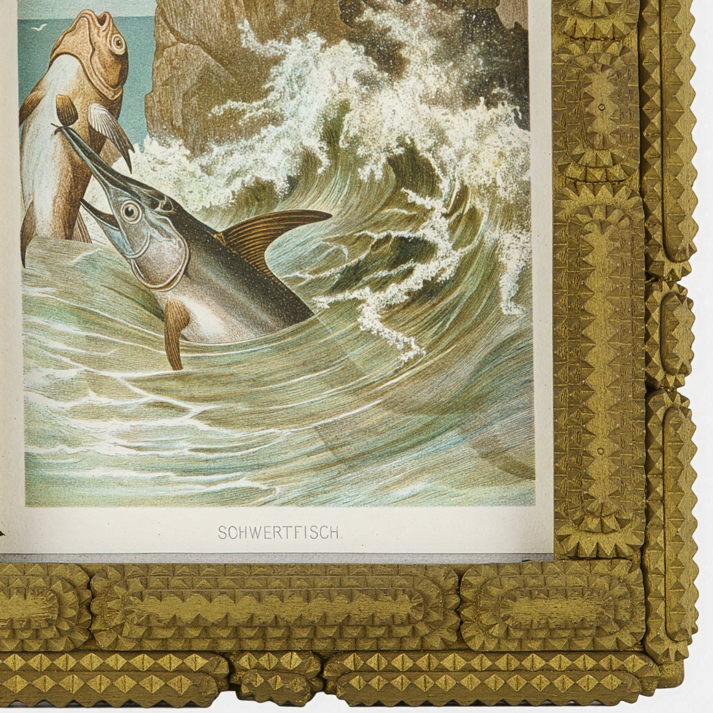 Antique Tramp Art Folk Frame (with Swordfish Lithograph)