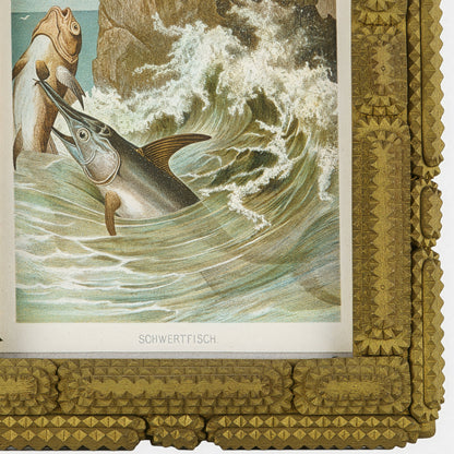 Antique Tramp Art Folk Frame (with Swordfish Lithograph)