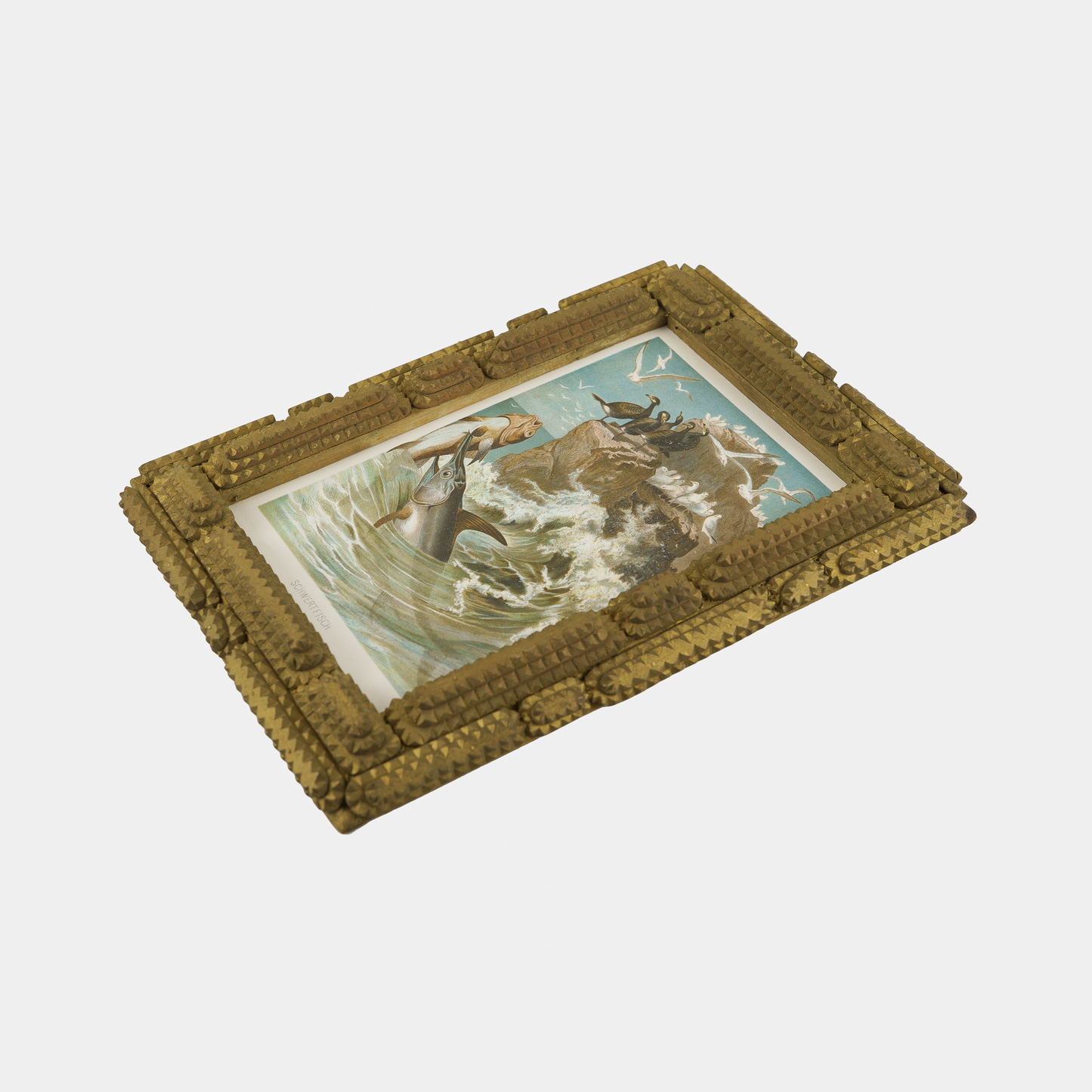 Antique Tramp Art Folk Frame (with Swordfish Lithograph)