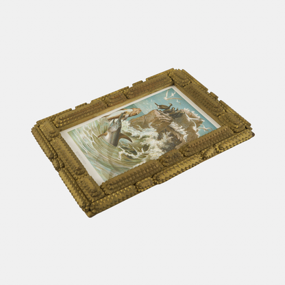 Antique Tramp Art Folk Frame (with Swordfish Lithograph)