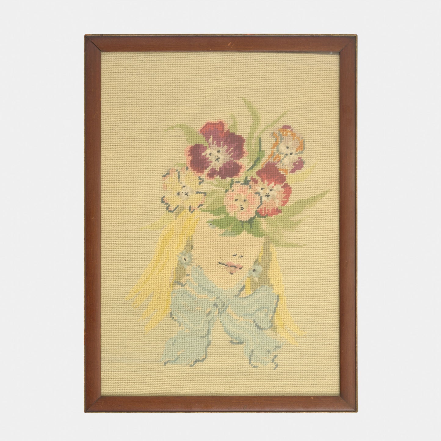 Vintage Needlepoint of Woman with Floral Crown, 1956