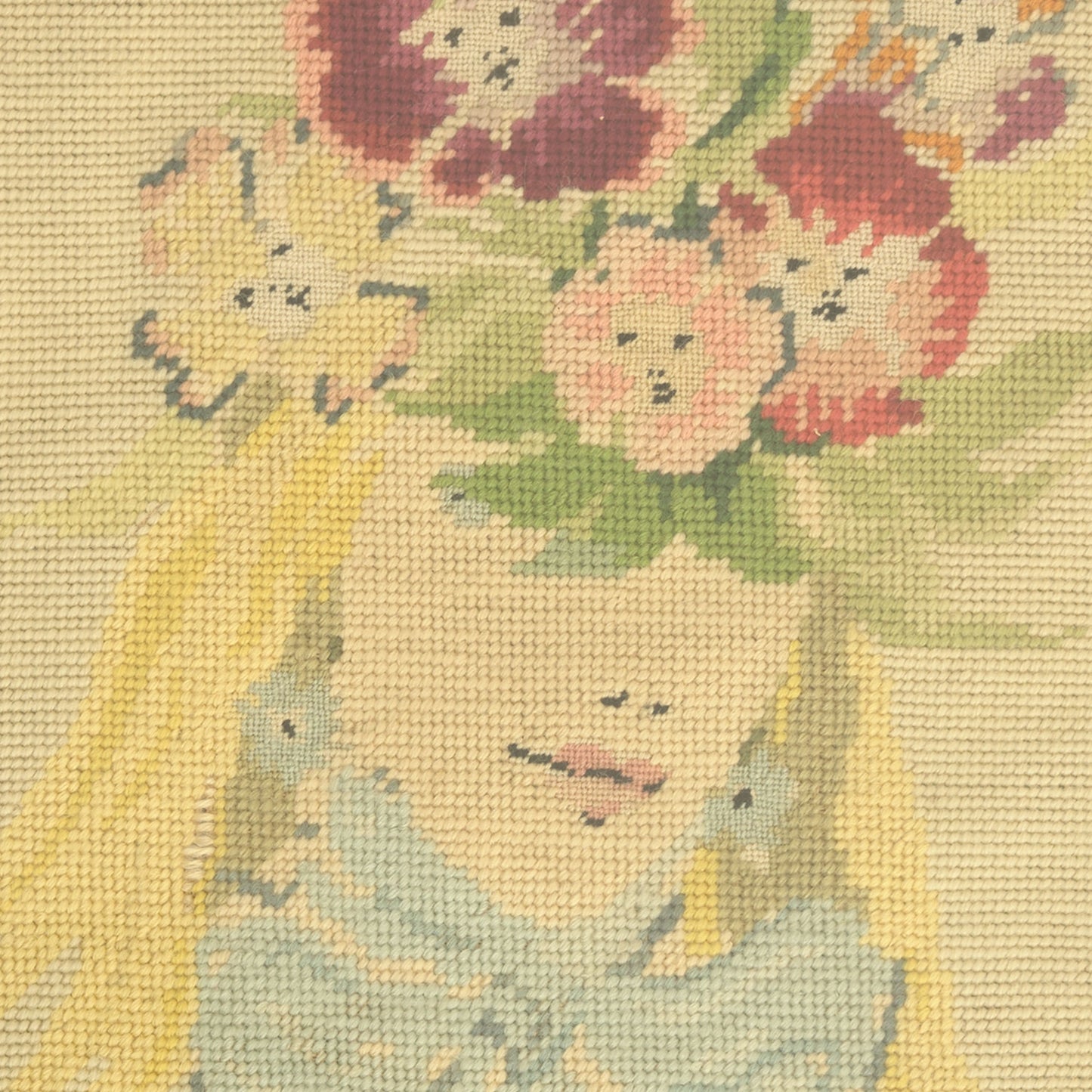 Vintage Needlepoint of Woman with Floral Crown, 1956