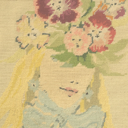 Vintage Needlepoint of Woman with Floral Crown, 1956