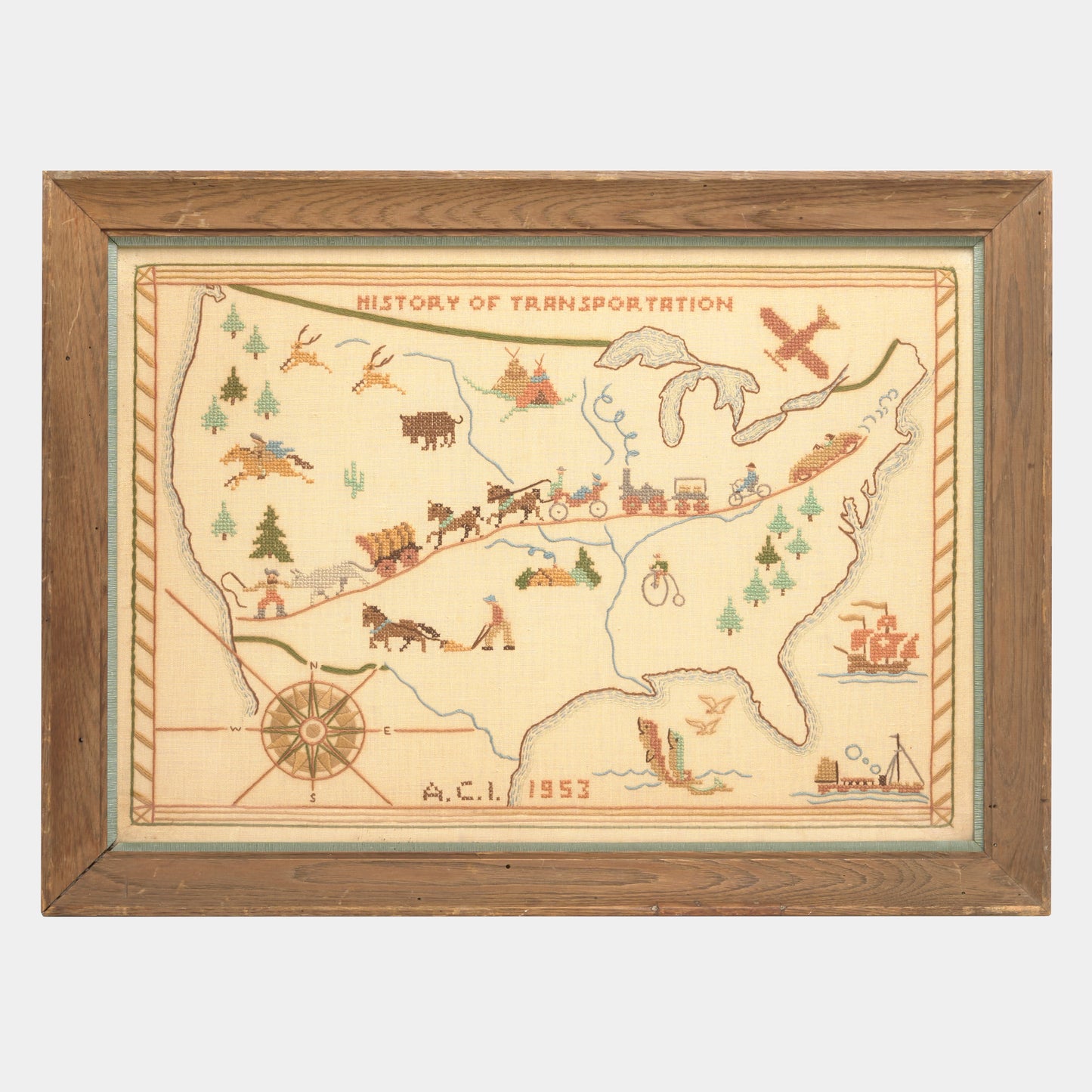 Vintage "History of Transportation" Needlepoint