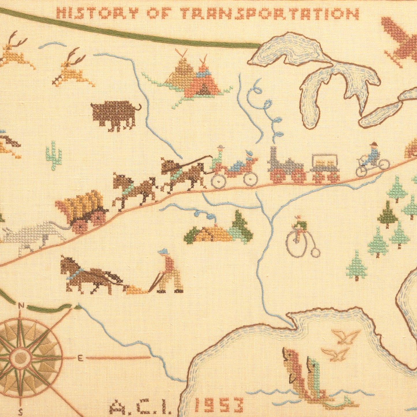 Vintage "History of Transportation" Needlepoint