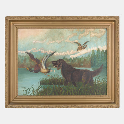 Antique Painting of Hunting Dog with Mallard Ducks