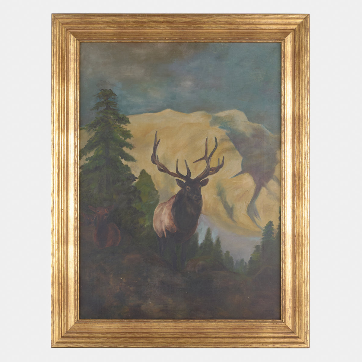 Antique Large Oil Painting of Elk