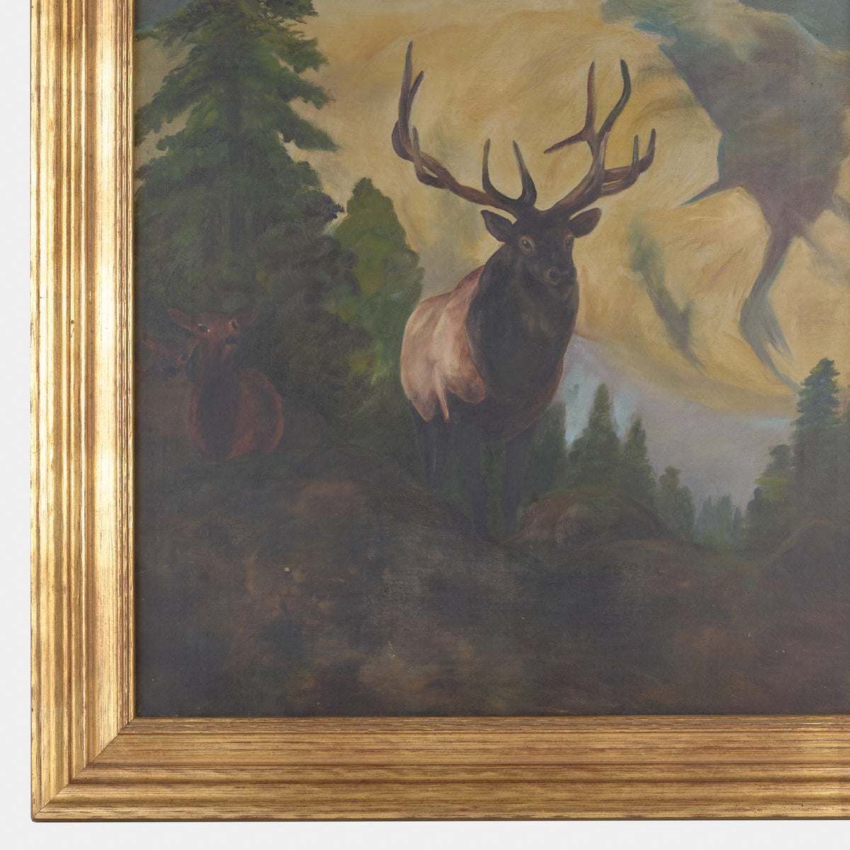 Antique Large Oil Painting of Elk