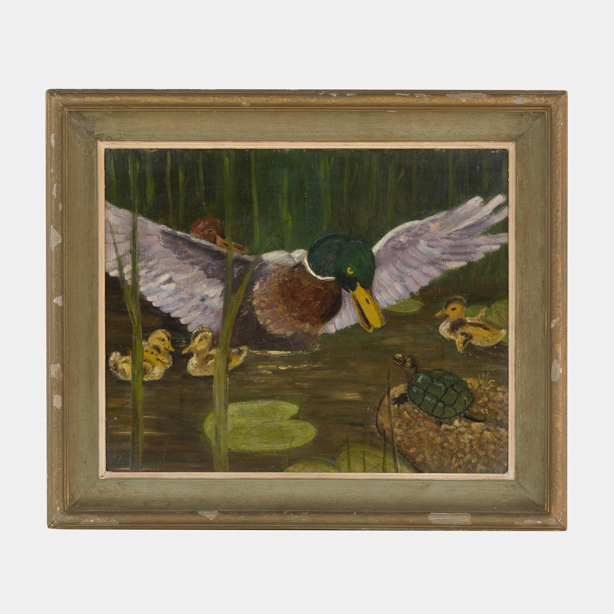 Vintage Painting of Pond Scene with Ducks and Turtle