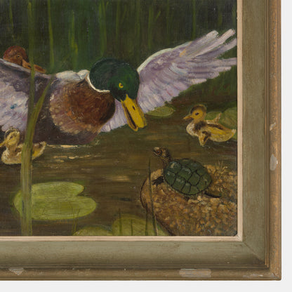 Vintage Painting of Pond Scene with Ducks and Turtle