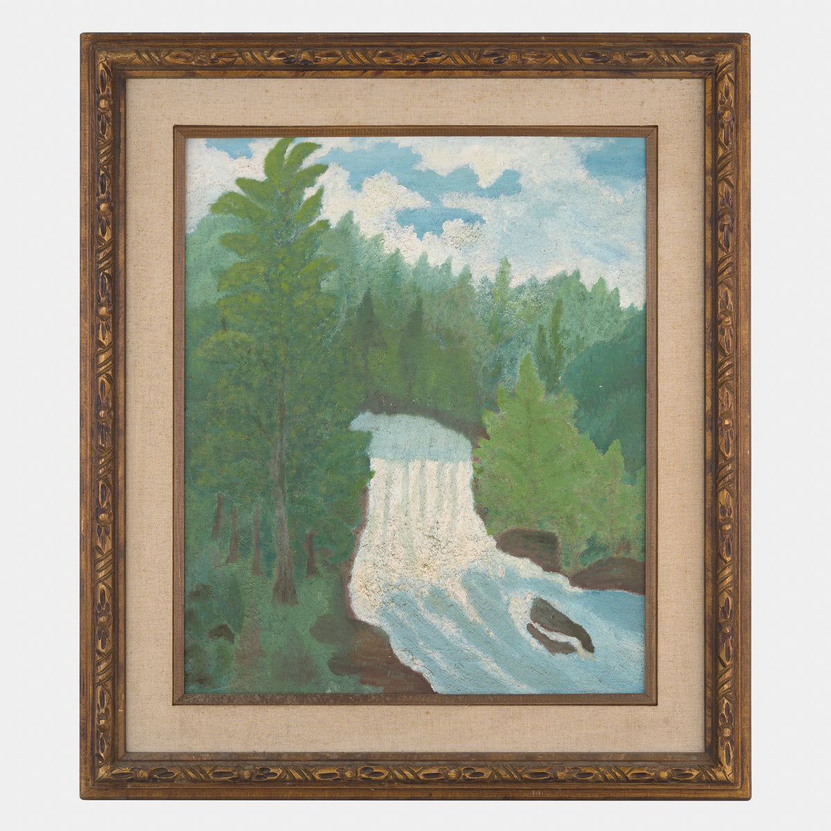 Antique Large Folk Painting of Waterfall, New York