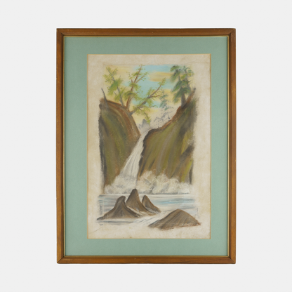 Vintage Waterfall Drawing, 1950s