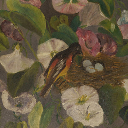 Antique Painting of Trumpet Flowers with Oriole and Nest, 19th C