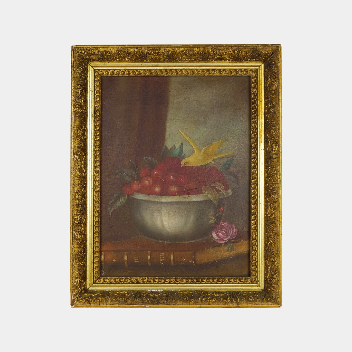 Antique Painting of Canary with Cherries, 1800s