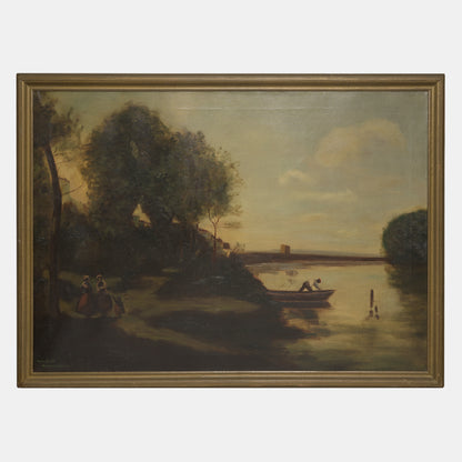 Antique Large Oil Painting Study of Corot's "River with a Distant Tower"