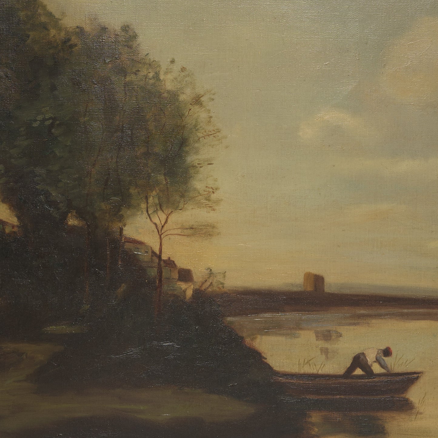 Antique Large Oil Painting Study of Corot's "River with a Distant Tower"