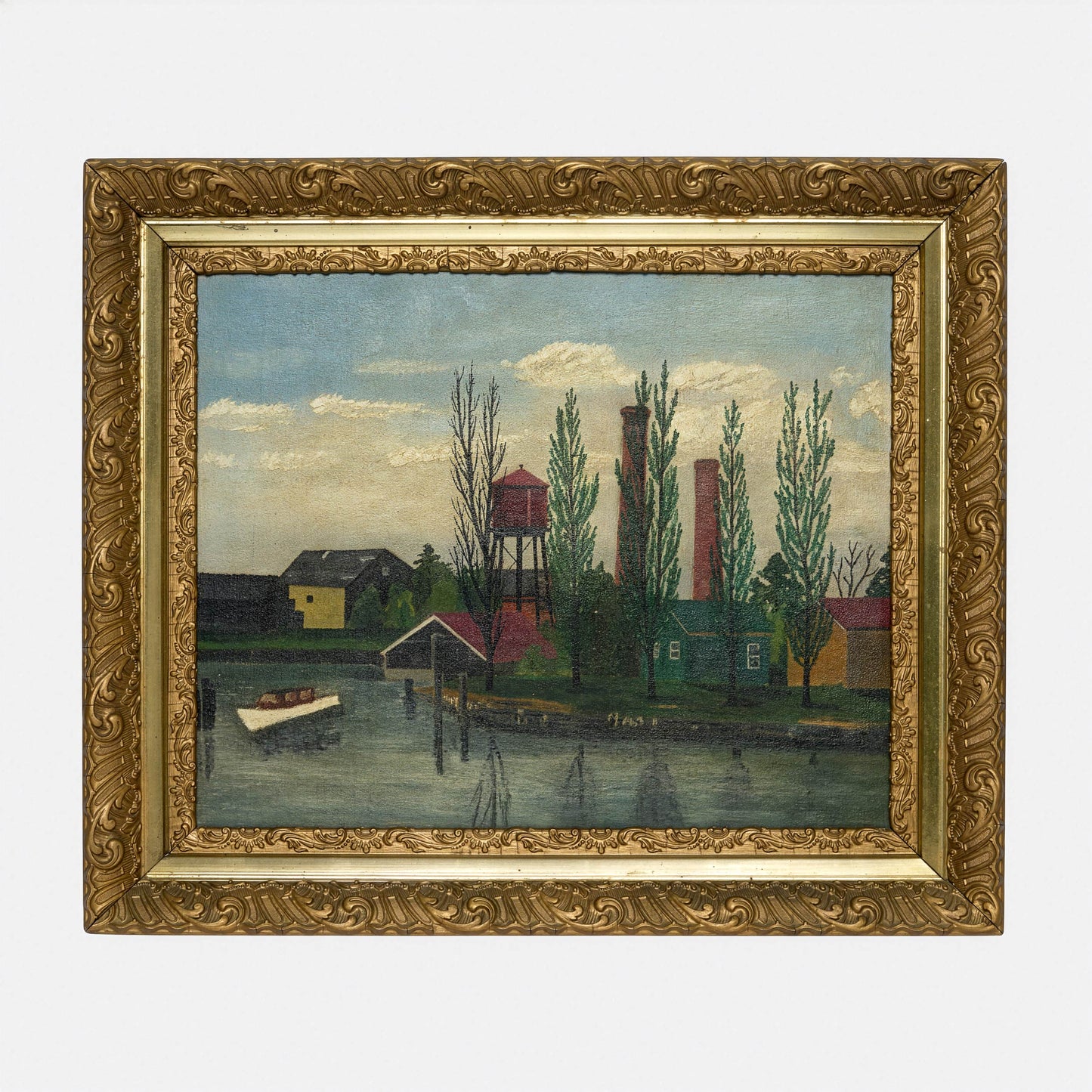 Antique Early Folk Art Painting of River Town
