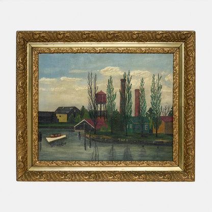 Antique Early Folk Art Painting of River Town