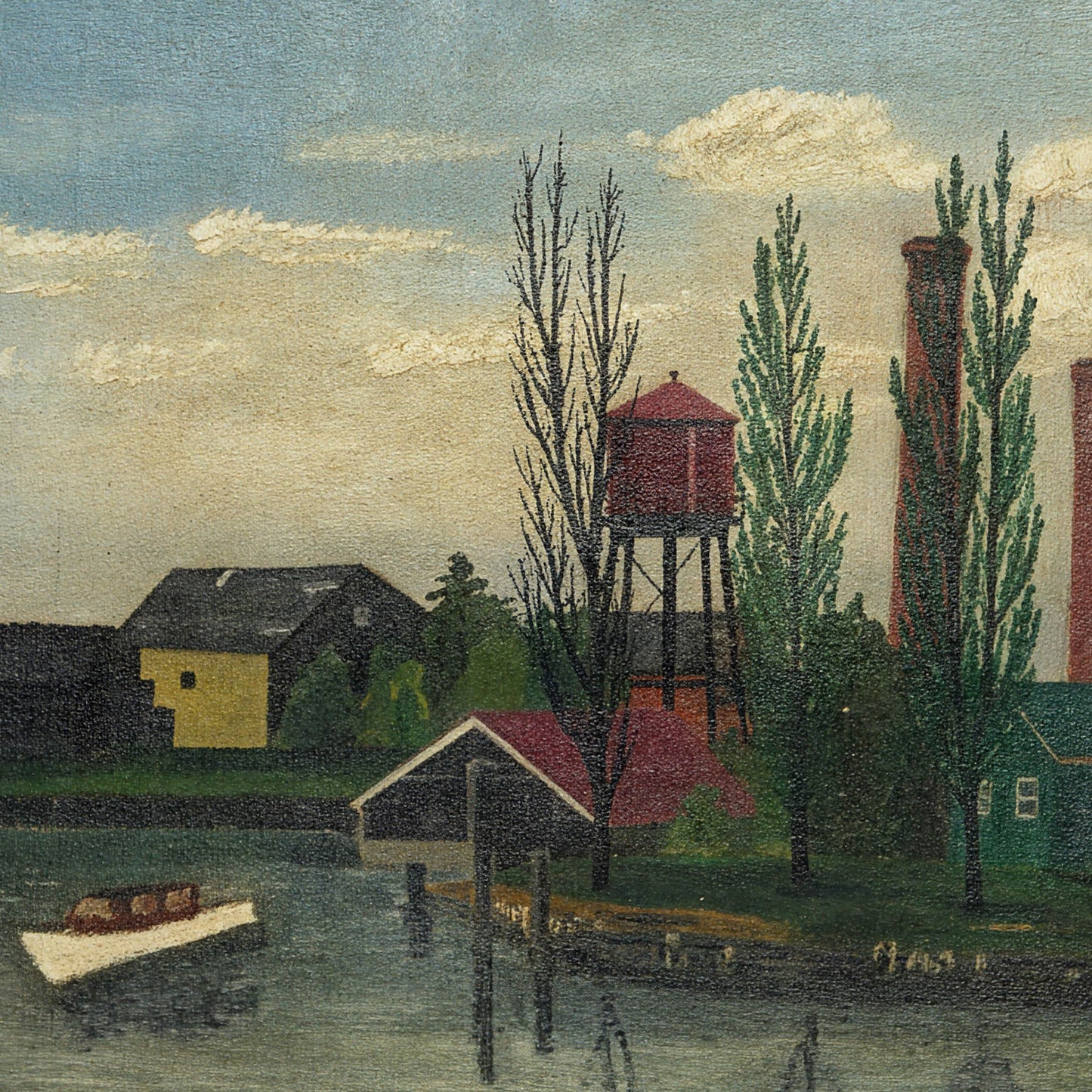 Antique Early Folk Art Painting of River Town