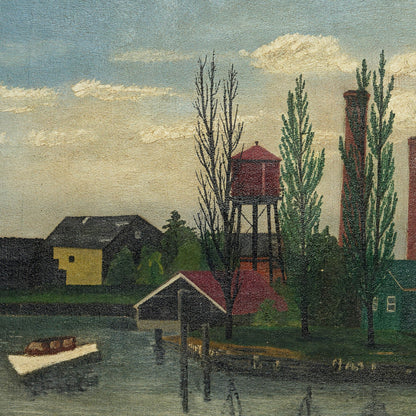 Antique Early Folk Art Painting of River Town
