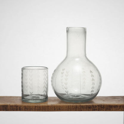 Leaf Etched Bureau Carafe in Blown Recycled Glass
