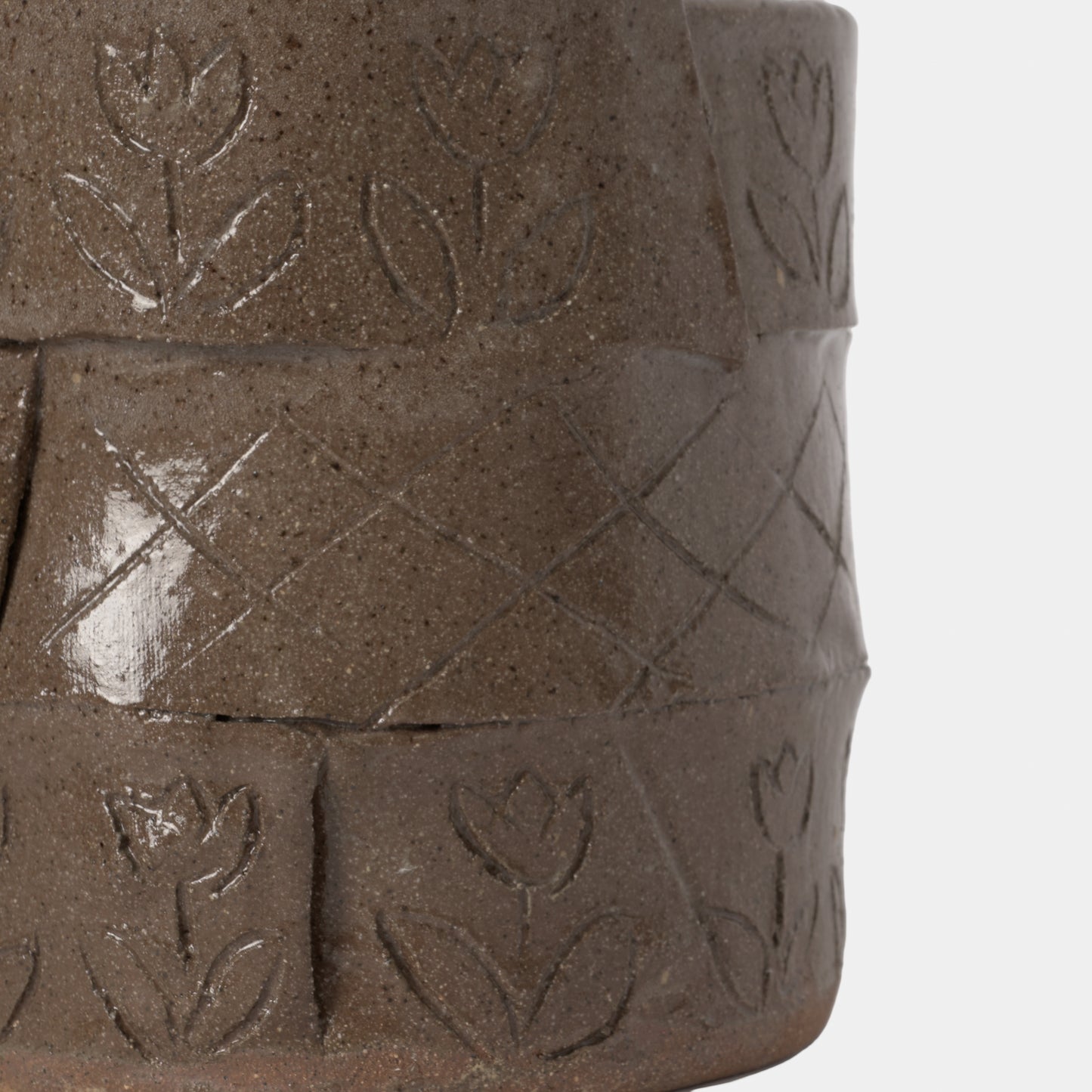 Vintage Stoneware Slab Cachepot with Etchings, 1978