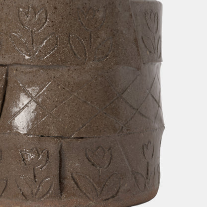 Vintage Stoneware Slab Cachepot with Etchings, 1978