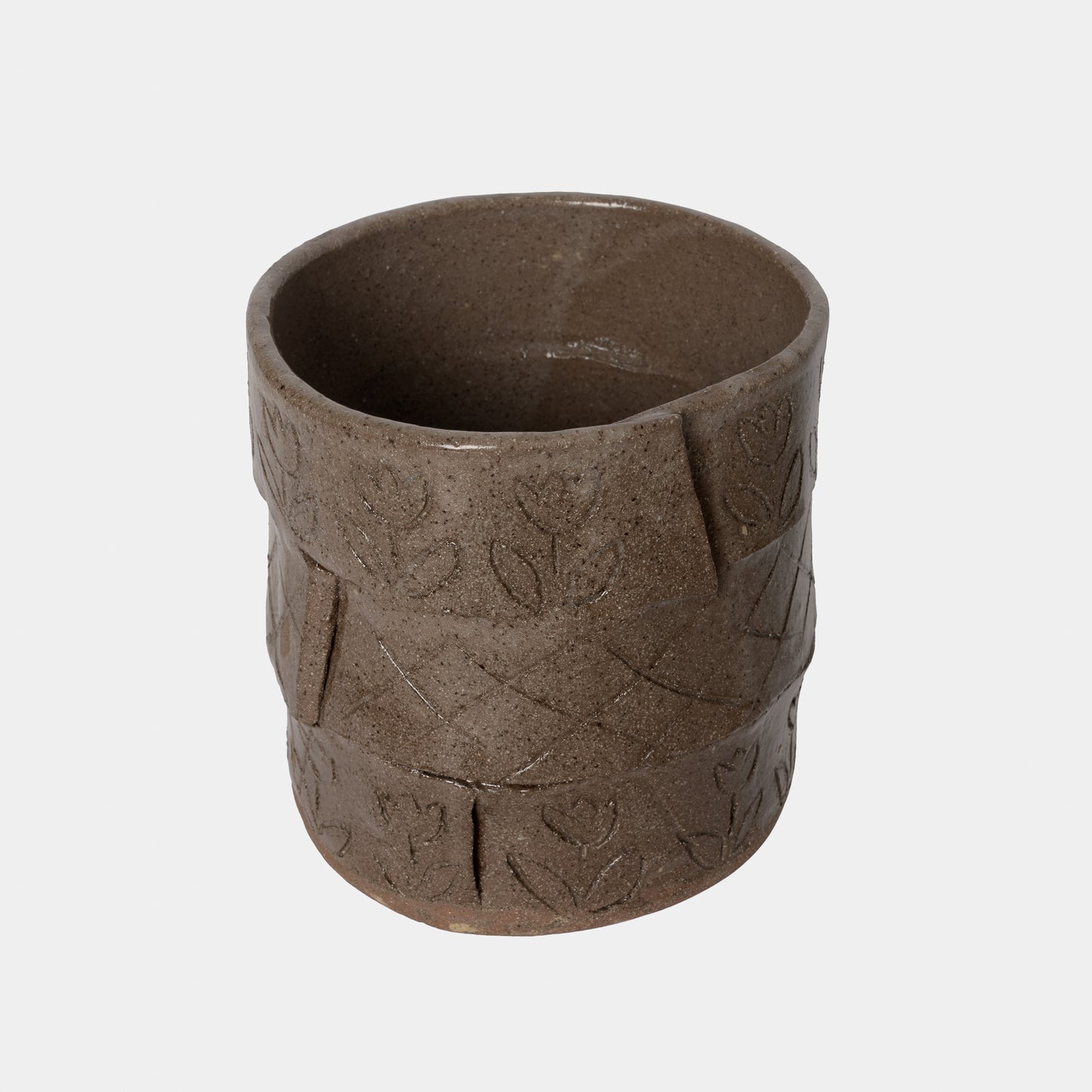 Vintage Stoneware Slab Cachepot with Etchings, 1978