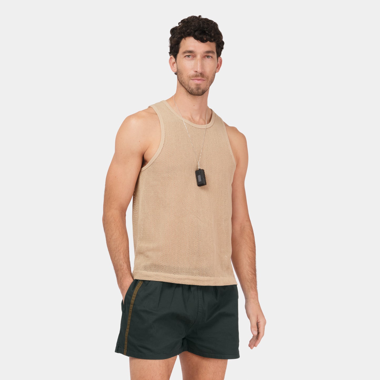 Cotton Mesh Tank Top in Wheat
