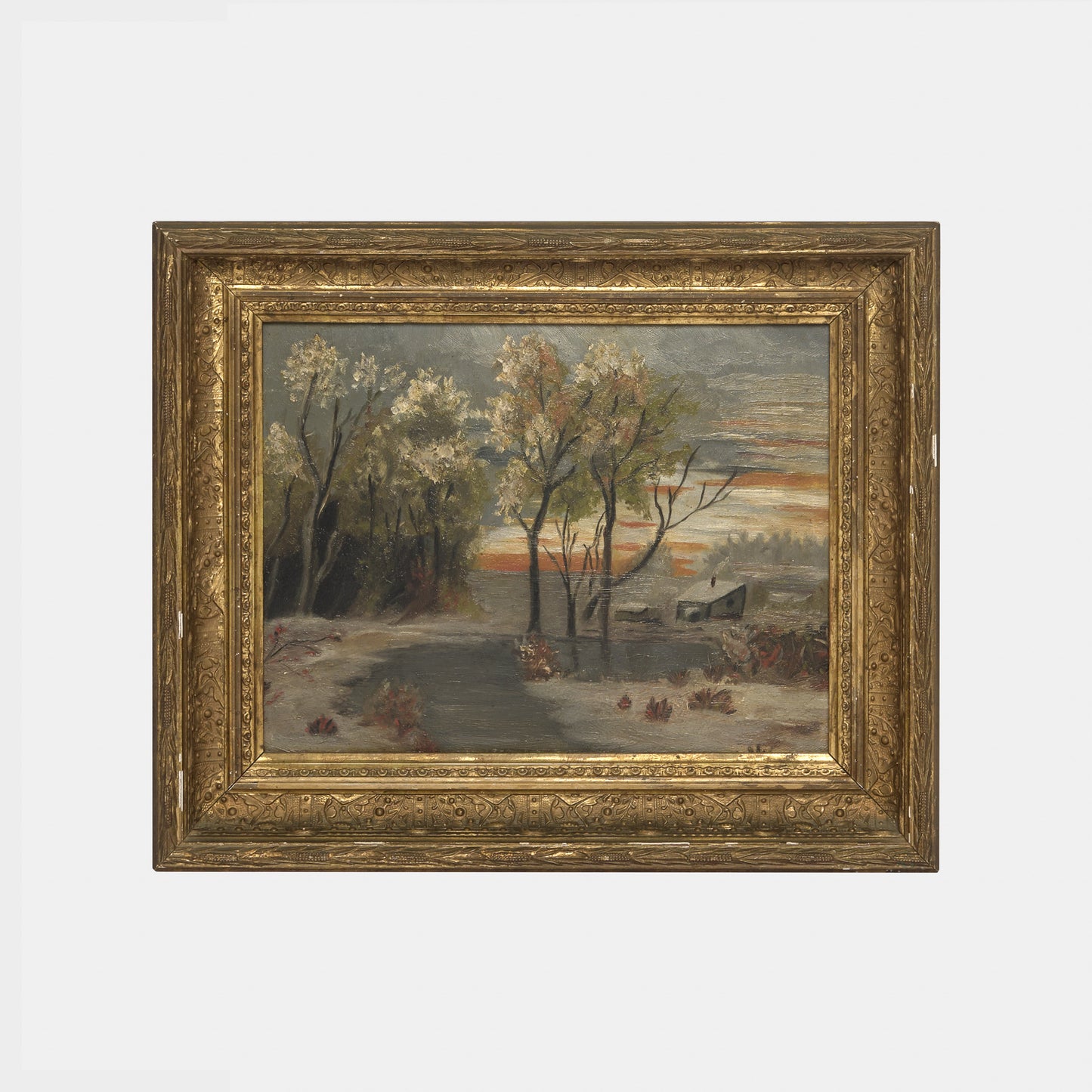 Antique Woodland Sunset Oil Painting