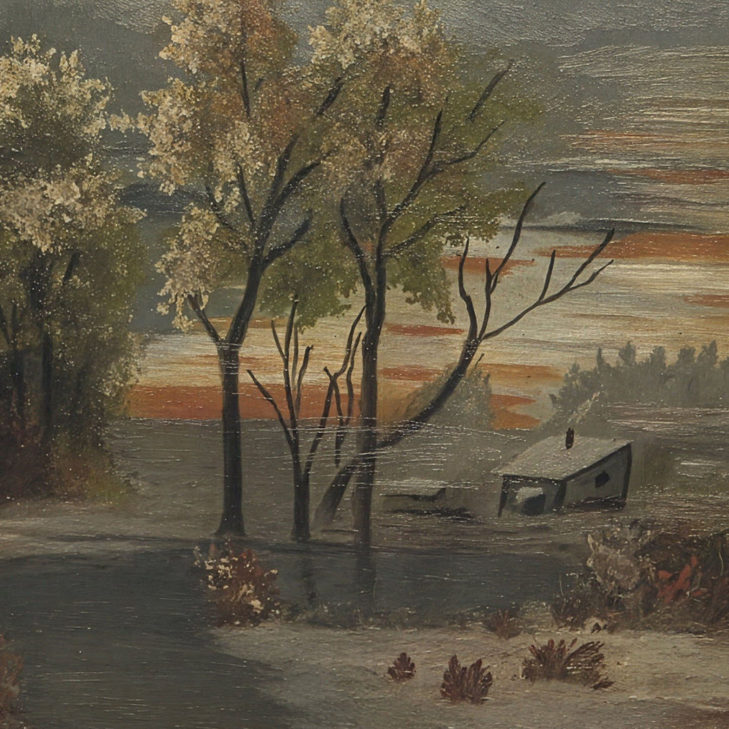 Antique Woodland Sunset Oil Painting