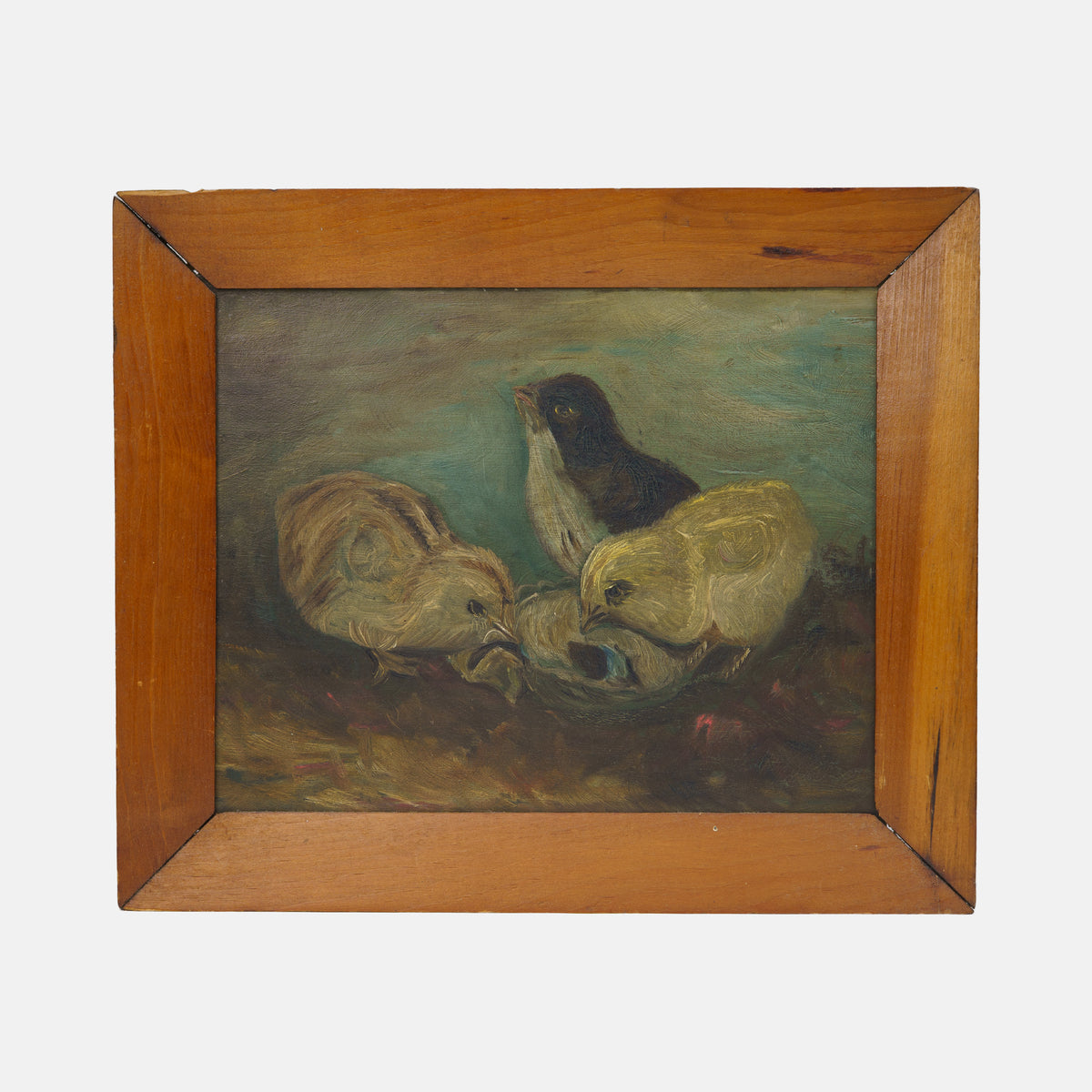 Antique Painting of Chicks with Oyster, 19th C