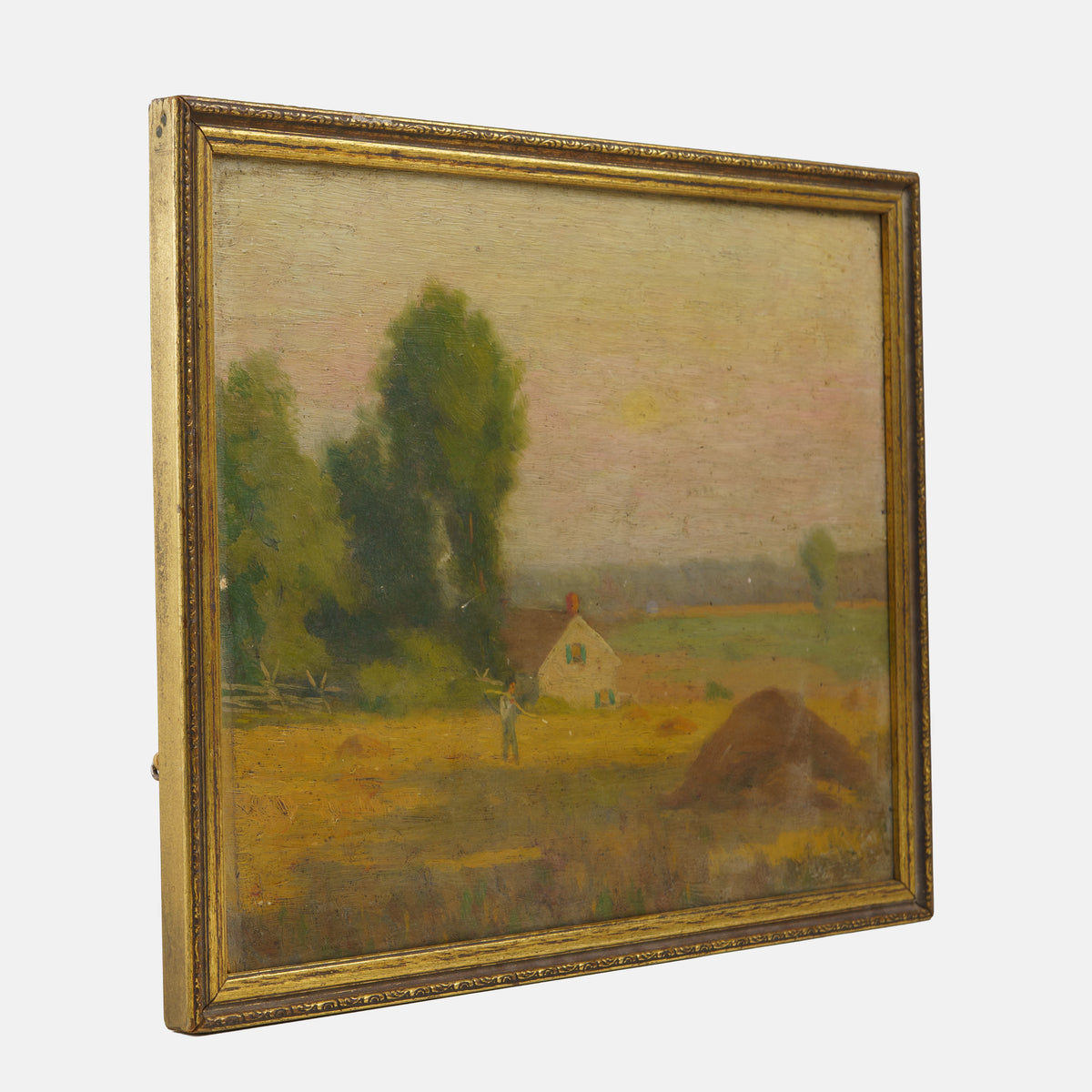 Antique Folk Pastoral Painting with Farmer and Scythe, Early 1900's