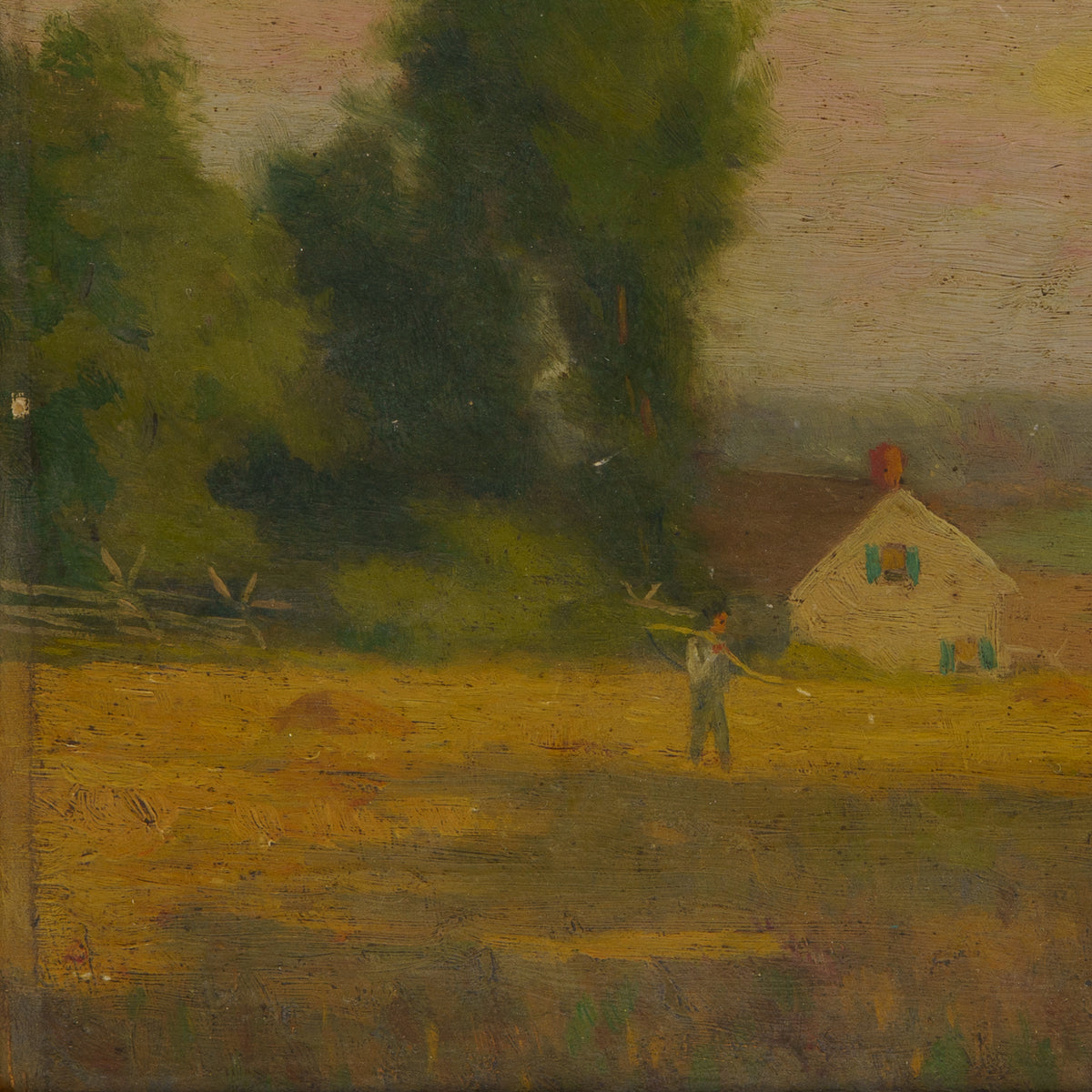 Antique Folk Pastoral Painting with Farmer and Scythe, Early 1900's