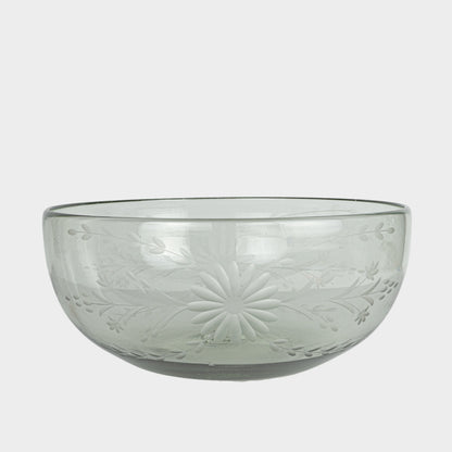 Floral Etched Serving Bowls in Blown Recycled Glass