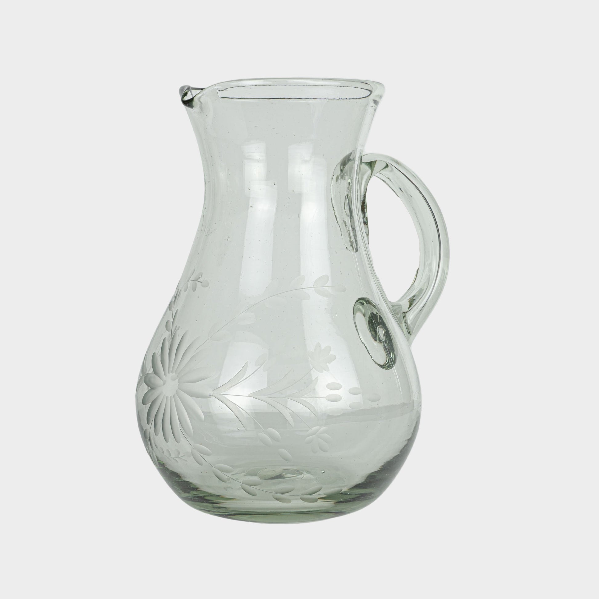 Floral Etched Round Pitcher in Blown Recycled Glass