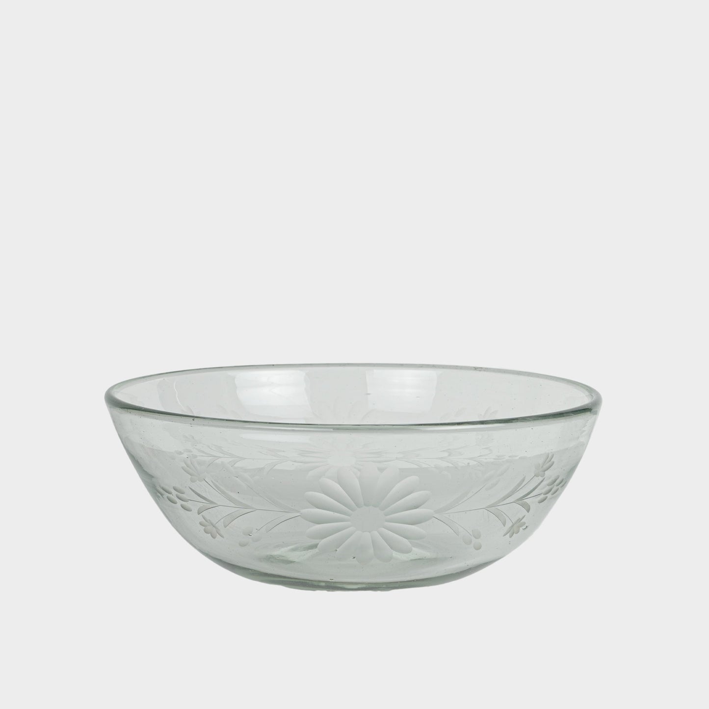 Floral Etched Serving Bowls in Blown Recycled Glass