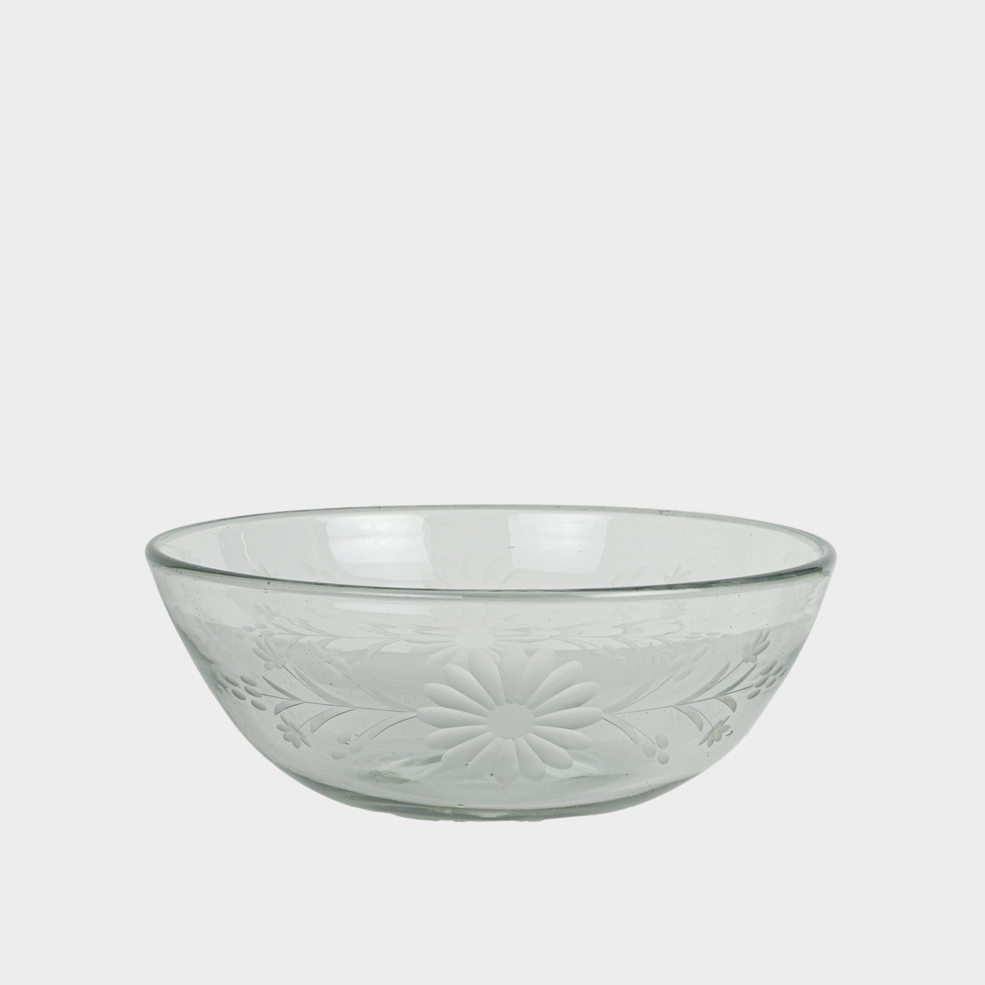 Floral Etched Serving Bowls in Blown Recycled Glass