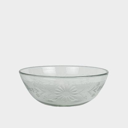 Floral Etched Serving Bowls in Blown Recycled Glass